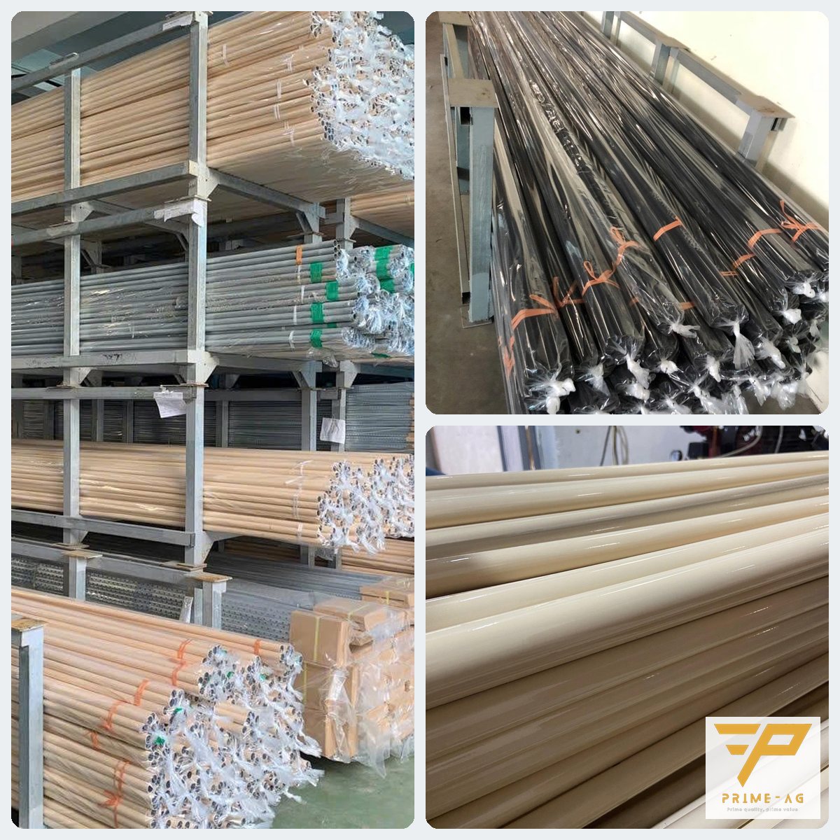Ống lean pipe Φ28 bọc nhựa xếp trên kệ và bó trong kho PRIMEAG