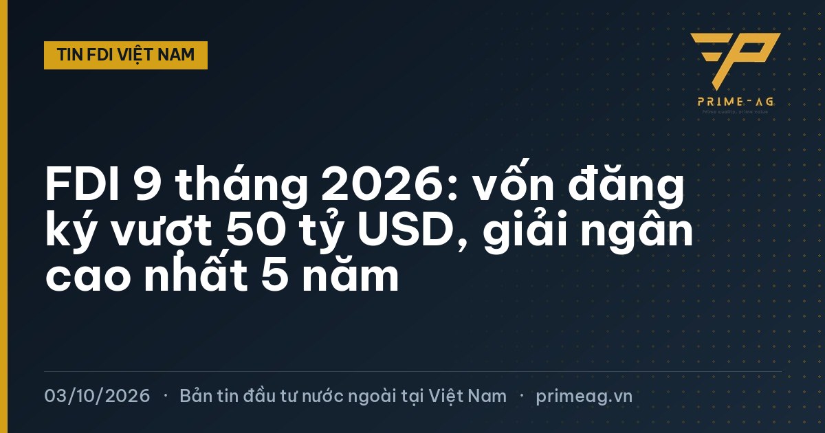 FDI 9 tháng 2026: vốn đăng ký vượt 50 tỷ USD, giải ngân cao nhất 5 năm