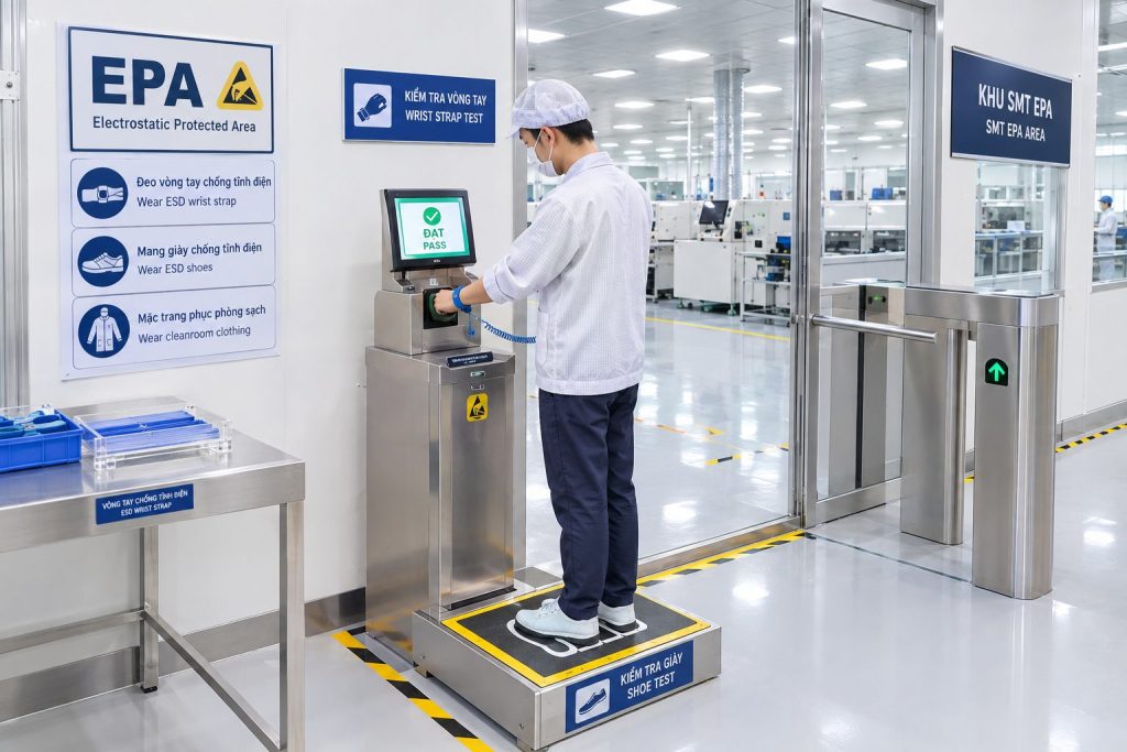 Ảnh minh họa: trạm test vòng tay và giày tại cửa EPA, kèm biển quy định bằng hai thứ tiếng.